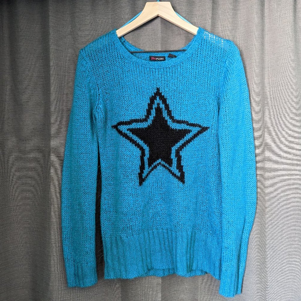 UltraFlirt Size L Turquoise Black Star Stretchy Soft Crew Neck Knit Sweater